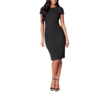 bebe Midi T-Shirt Ribbed Dress Short Sleeve Bodycon Fitted LBD Black M NWT